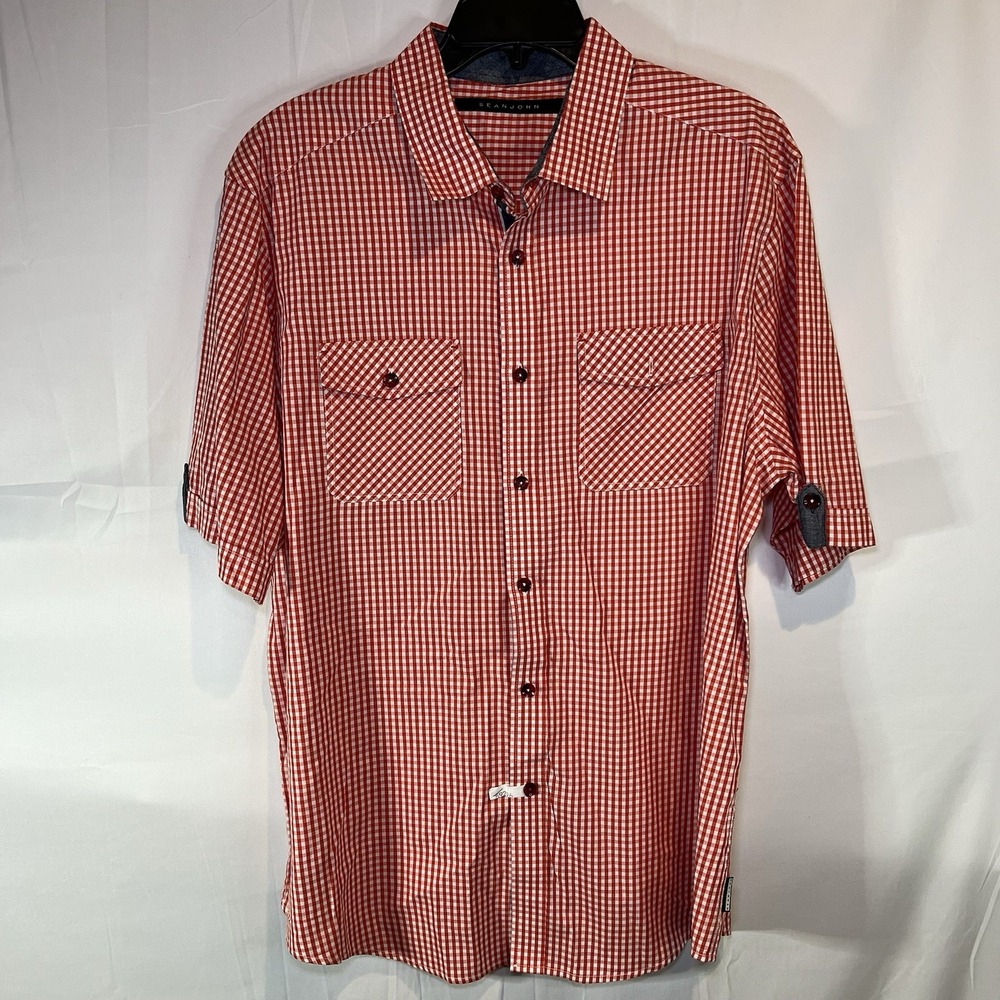 SEAN JOHN Men‎ 2XL Linen Classic Fit Red Checker Button up dress Shirt Nice
